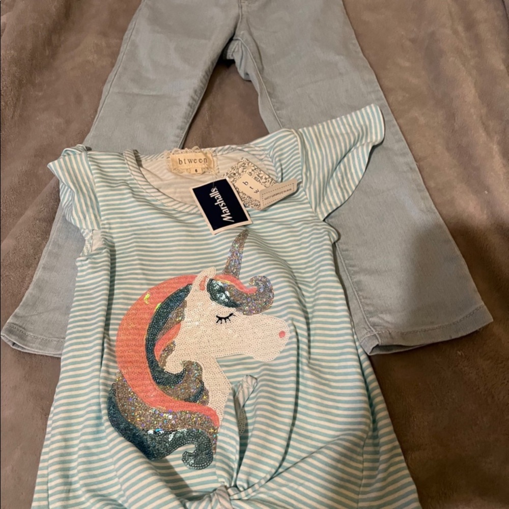 Lot of 2 Girl items
1.  Btween Unicorn Shirt 6
2. Children’s Place  jeans SZ 5T